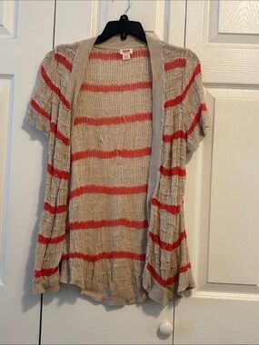 Women's Beige Open-Front Short-Sleeve Sweater Cardigan with Orange/Coral Stripes